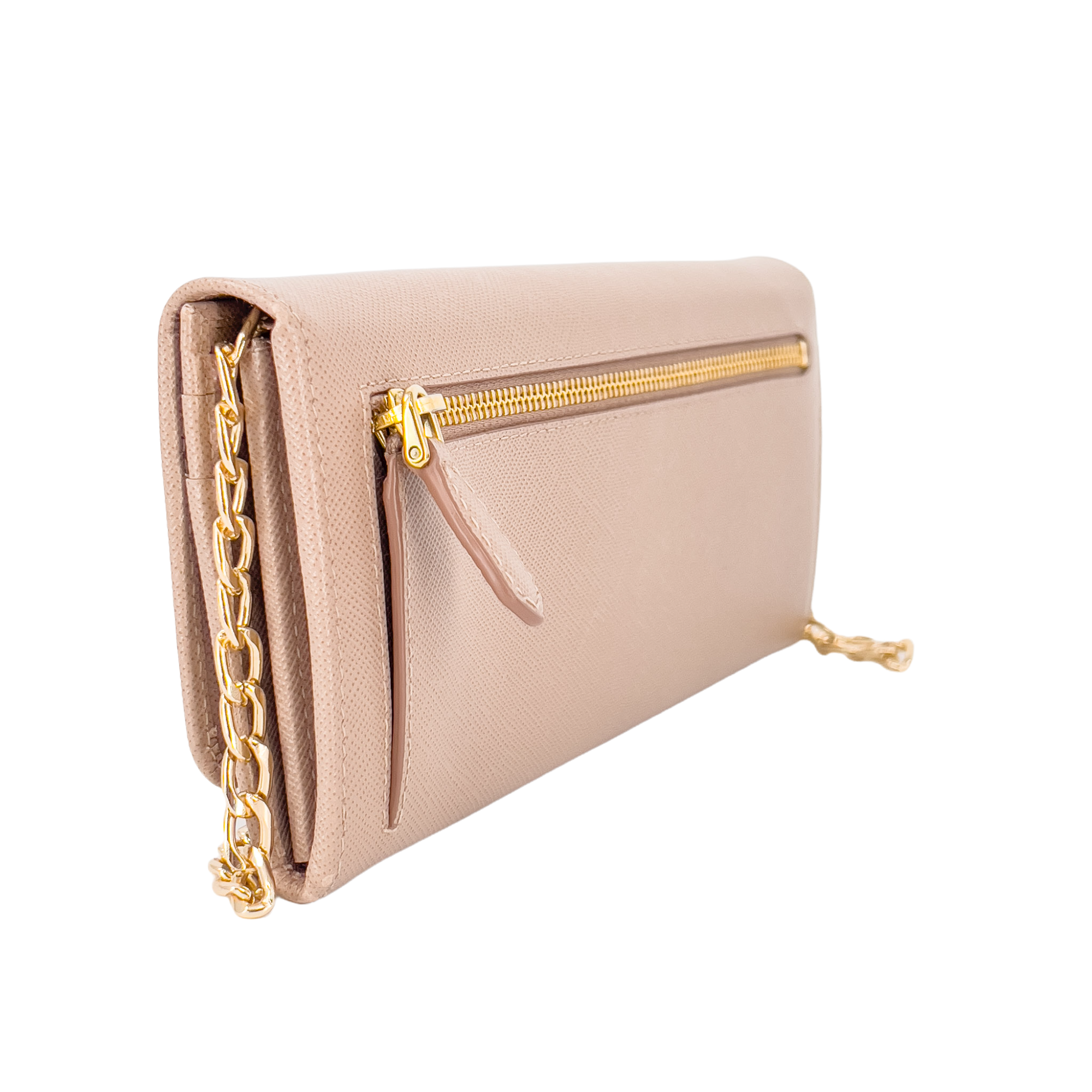 Powder Pink Saffiano Wallet with Gold Chain