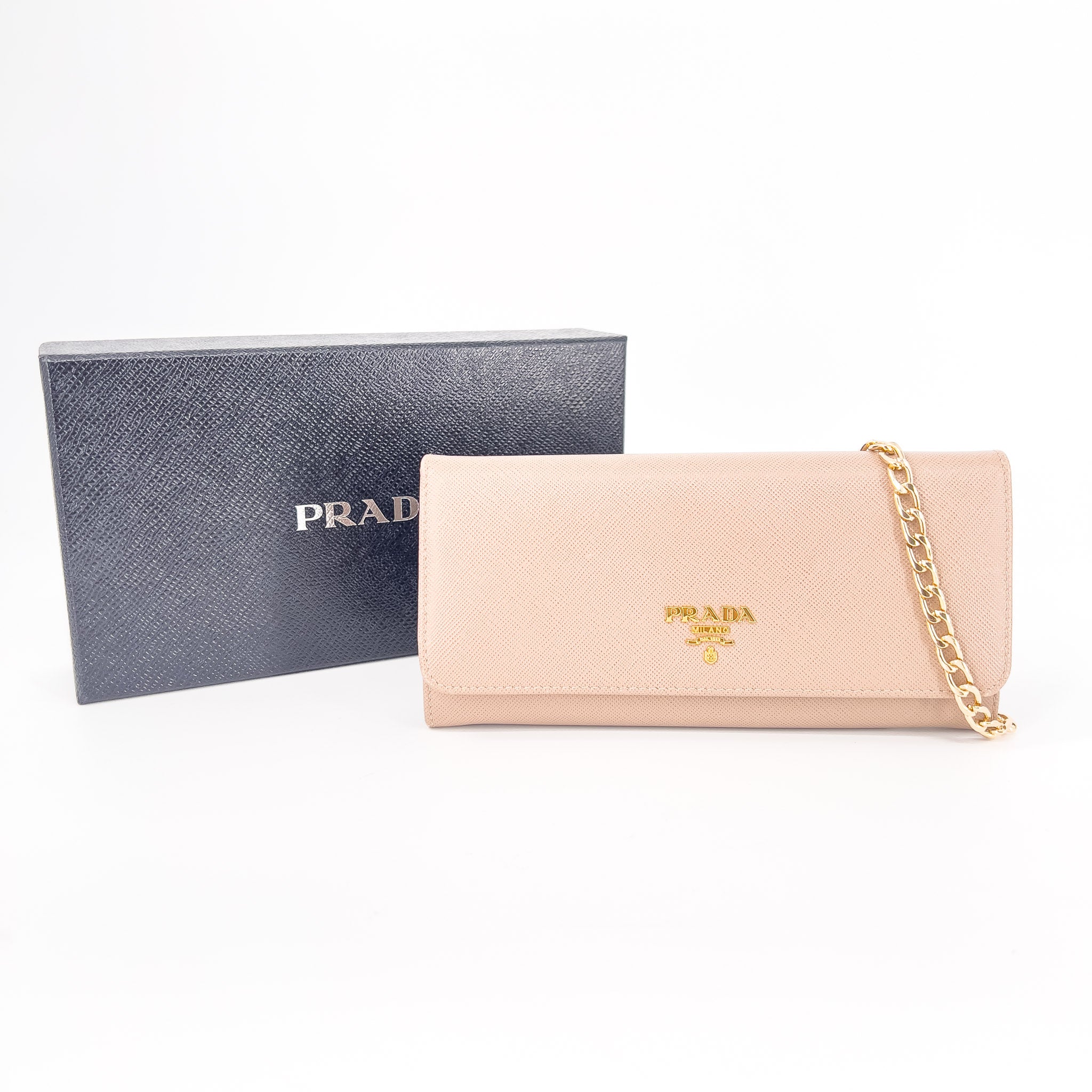 Powder Pink Saffiano Wallet with Gold Chain